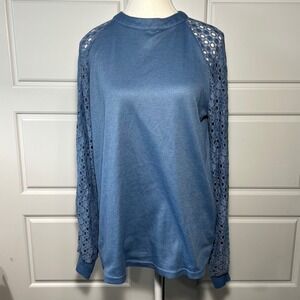MIHOLL Blue Waffle‎ Knit Lace Sleeve Mock Neck Top Size Medium
